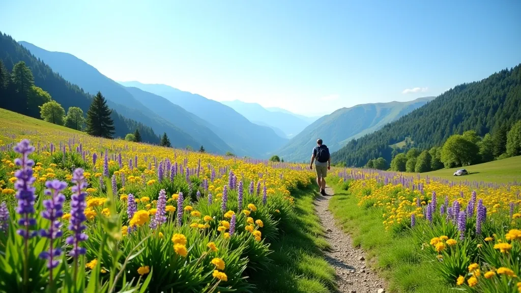 Mountain meadow with purple wildflowers and distant valley views on clear day