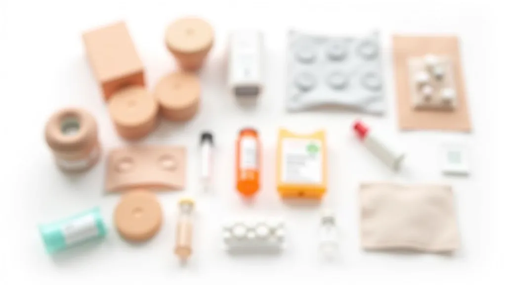 First aid kit with bandages, pain relief tablets, and blister treatment supplies laid out on white surface