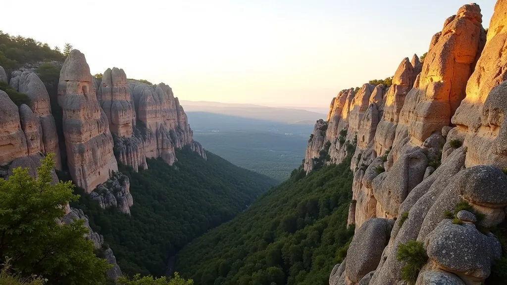 Golden sunset light on dramatic sandstone cliffs with forest below in Bohemian Switzerland