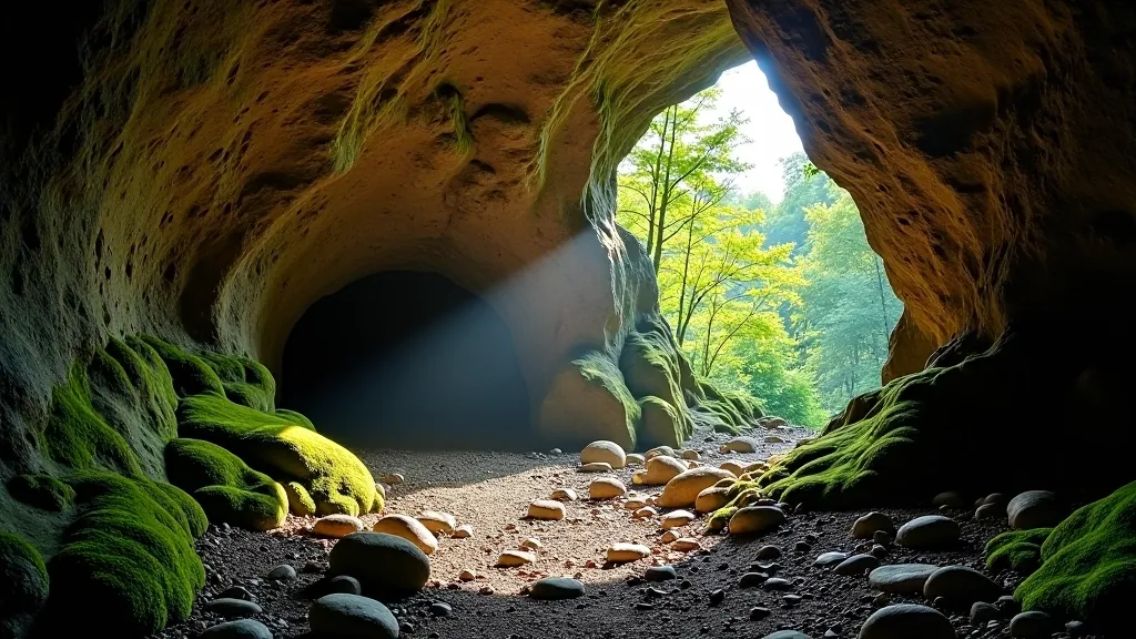 Underground limestone cave entrance with dramatic rock formations and natural light