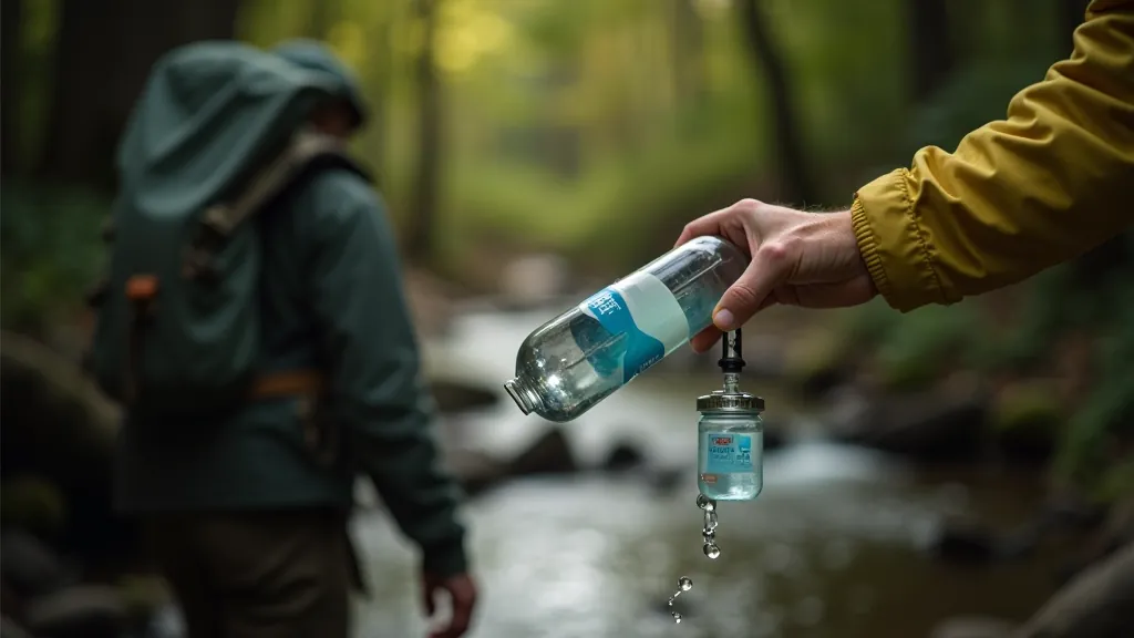 Hiker refilling water bottle from mountain stream using filter bottle system