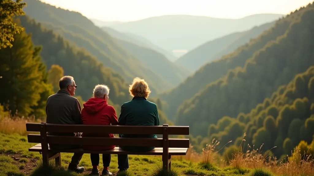 Group of three hikers resting on wooden bench overlooking valley landscape with forest view