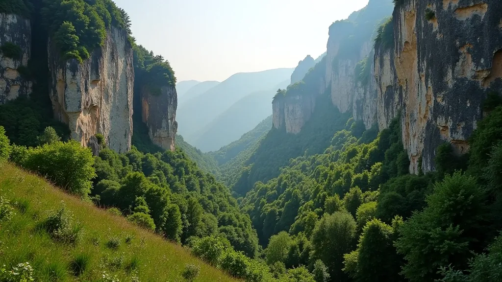Limestone karst landscape with dramatic cliff formations and lush green vegetation surrounding