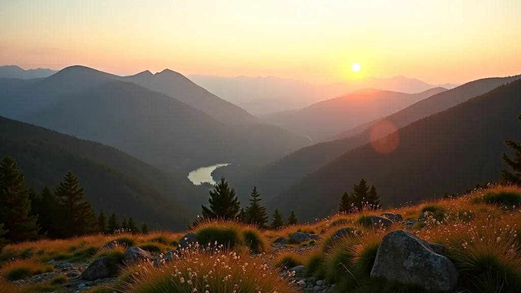 Expansive mountain valley view with distant peaks and clear blue sky at sunset