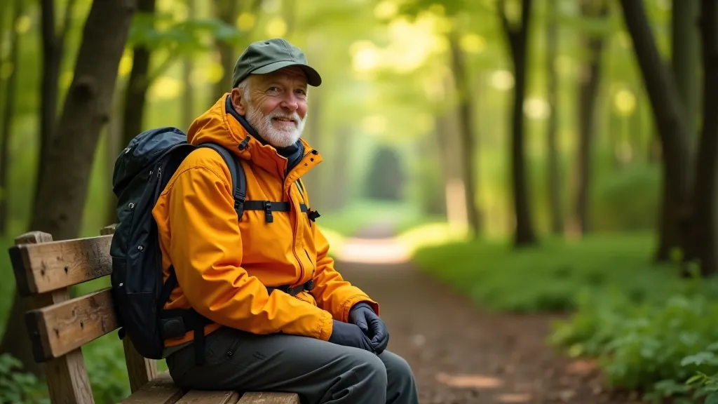 Hiker in bright jacket resting on wooden bench on forest trail with dappled sunlight
