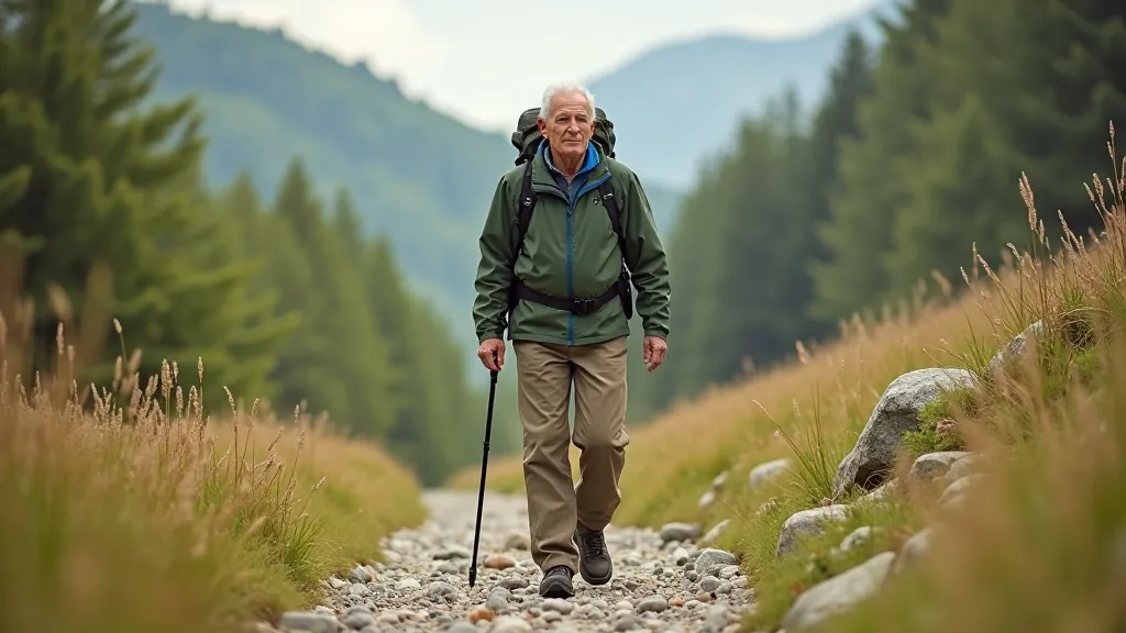 Senior hiker walking on a limestone trail with proper hiking boots and backpack, surrounded by karst scenery