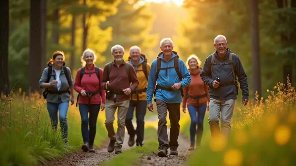 Seniors hiking group on forest trail