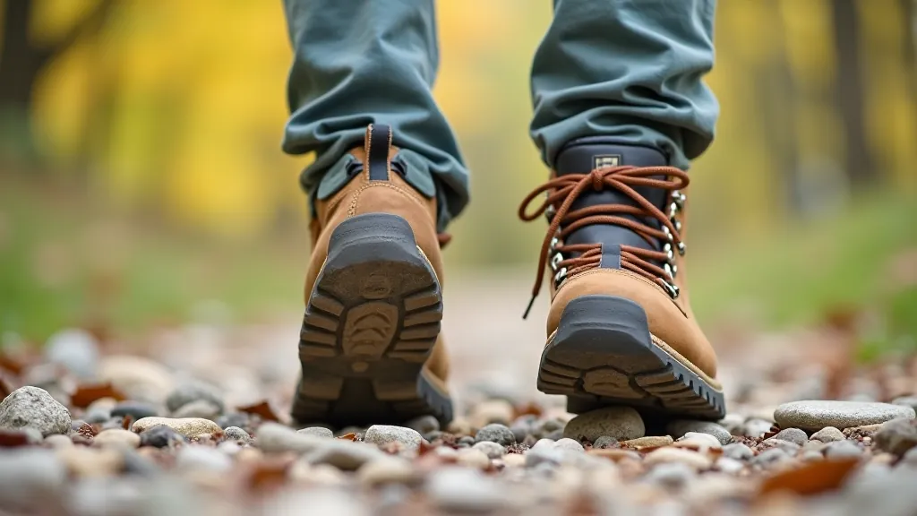 Close-up of proper hiking boot on rocky trail surface with good tread pattern