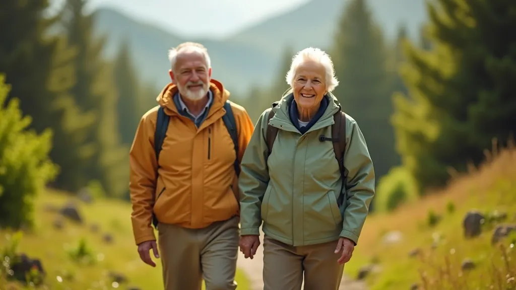 Older adults enjoying a peaceful walk on a scenic Czech trail with forest views