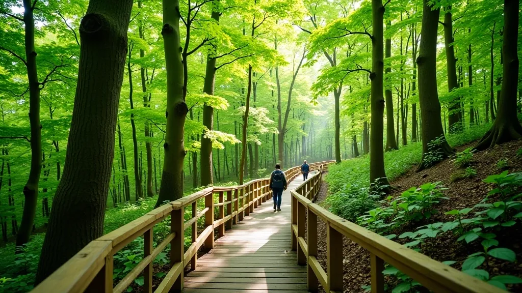 Scenic forest path with wooden railings through green beech trees in autumn light