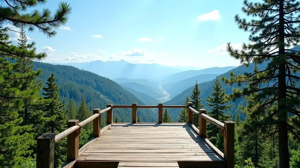 Wooden viewing platform overlooking forested valley with distant hills under blue sky